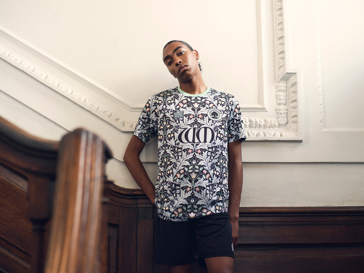 Detail of the William Morris Yare pattern on the Walthamstow FC away shirt