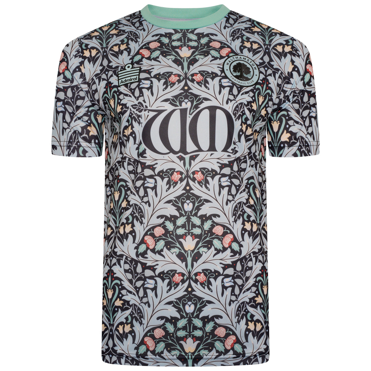 Front view of the Walthamstow FC away shirt in John Henry Dearle's Yare pattern with aqua collar