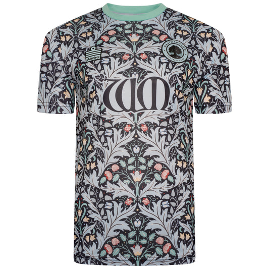 Front view of the Walthamstow FC away shirt in John Henry Dearle's Yare pattern with aqua collar