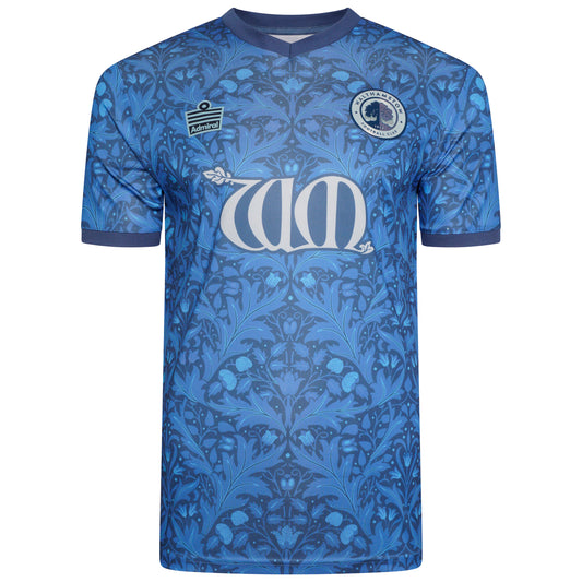 Front view of the Walthamstow FC home shirt in tonal blue William Morris pattern with V-neck collar