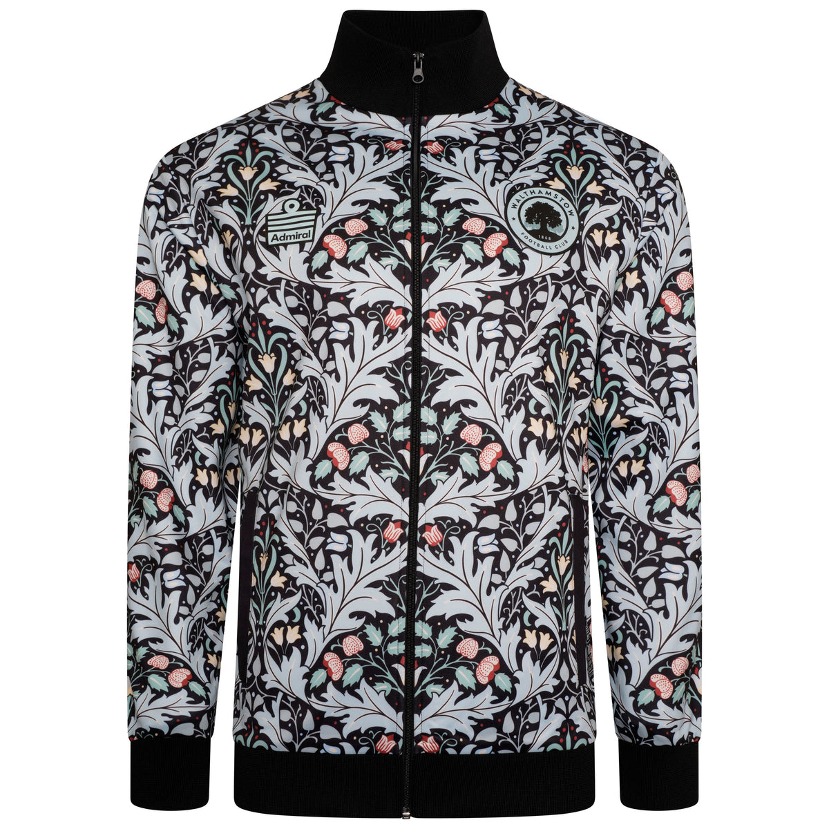 Front view of the Walthamstow FC walk out jacket in the sublimated William Morris archive design