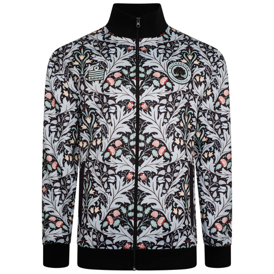 Front view of the Walthamstow FC walk out jacket in the sublimated William Morris archive design