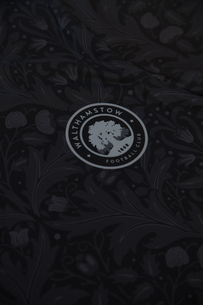 Close-up of the sublimated Walthamstow FC club crest on the Blackout jersey
