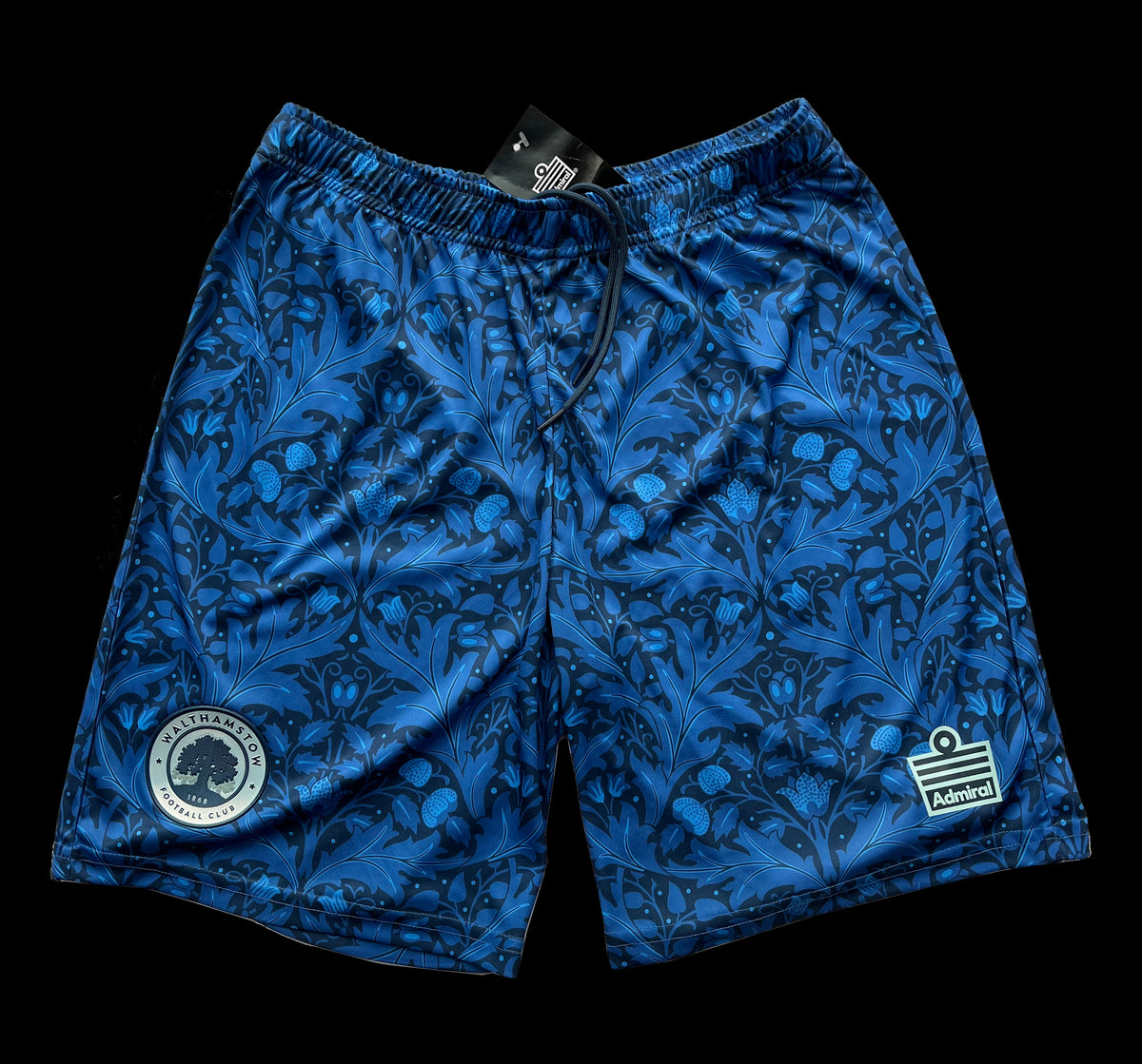 Walthamstow FC home shorts in the blue-on-blue William Morris Yare pattern