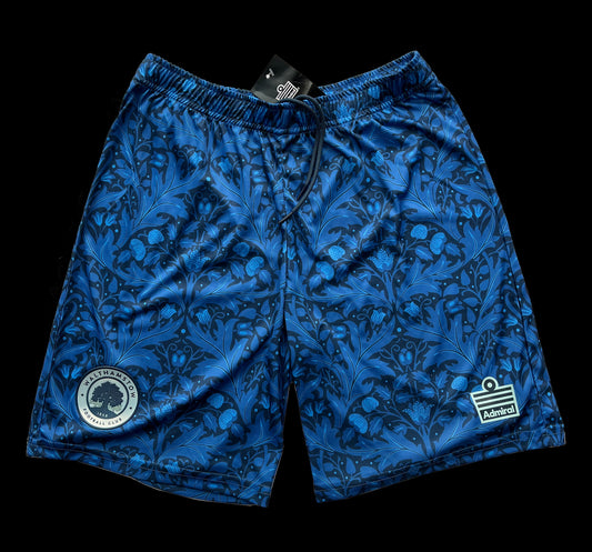 Walthamstow FC home shorts in the blue-on-blue William Morris Yare pattern